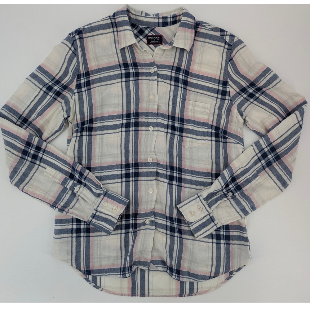 UNTUCKit‎ Womens Plaid Button Down Shirt Navy Blue Pink Cotton Tencel Size 2